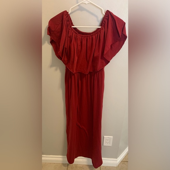 Flowy Red Off-the-Shoulder Maxi Dress - Boho Chic- S - Picture 4 of 7